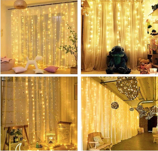 Window Curtain String Light 300 LED 8 Lighting Modes Fairy Lights Remote Control USB Powered Waterproof lights for home decoration light Diwali Valentines Bedroom Party Wedding Diwali (Warm White)