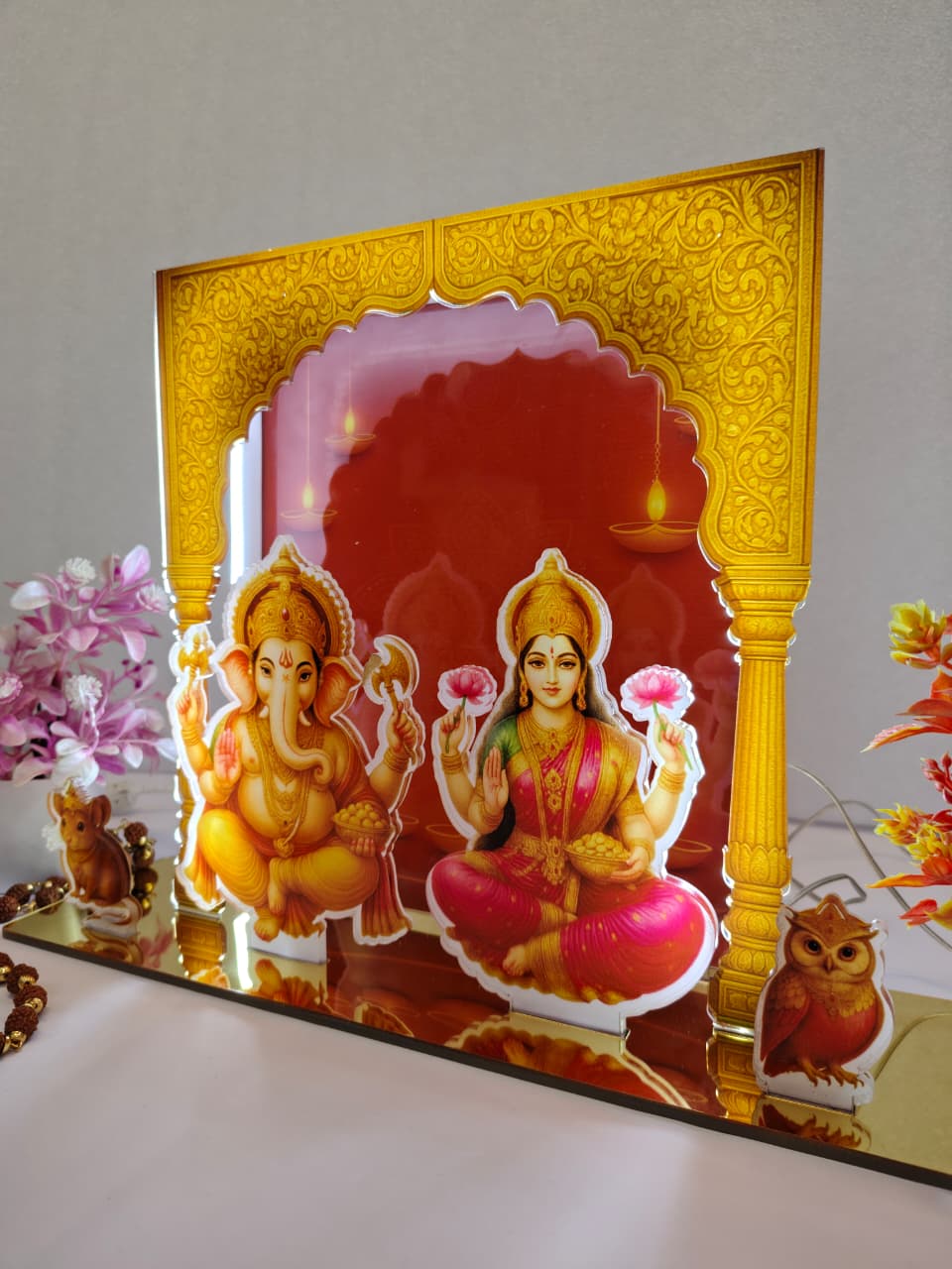 Ganesh Laxmi LED Table Sign | Acrylic Backlit God Goddess Idol Light | Spiritual Decorative Showpiece for Home, Temple & Office