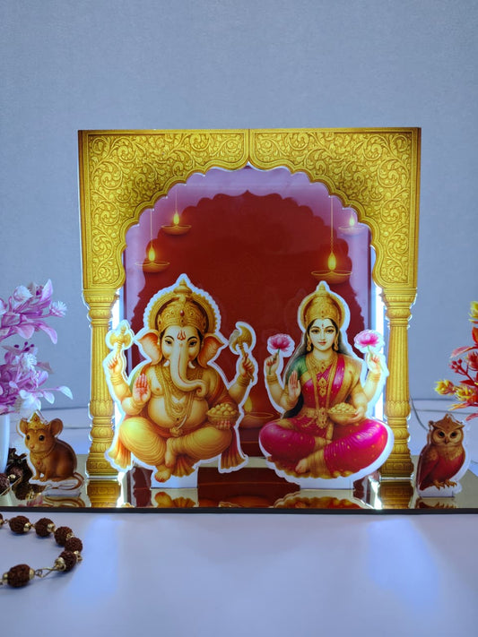 Ganesh Laxmi LED Table Sign | Acrylic Backlit God Goddess Idol Light | Spiritual Decorative Showpiece for Home, Temple & Office