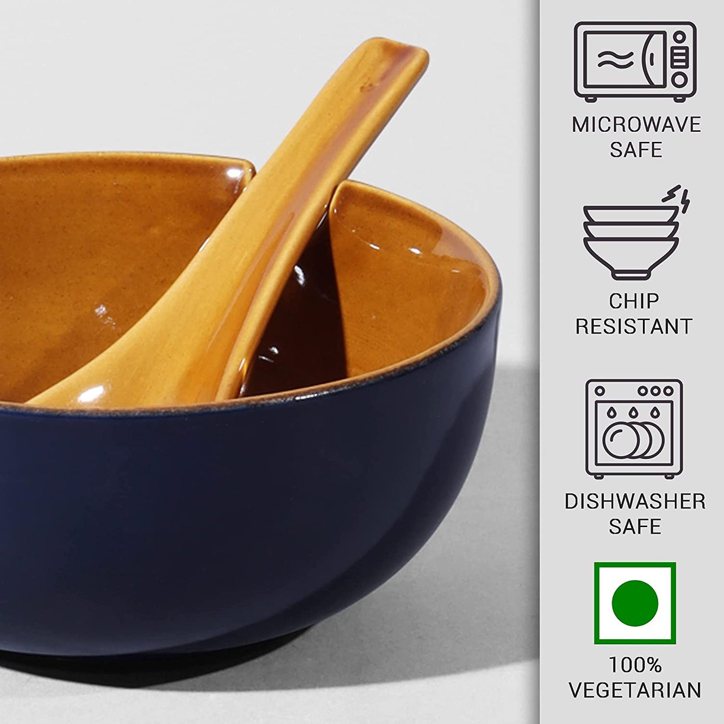 Ceramic Soup Bowl Set with Spoons, 300ml Bowl, 6 Pieces Soup Bowls, 6 Spoons, Cobalt Blue | Glossy Finish |Premium Stoneware Ceramic Soup Bowls with Spoons - Homely Arts