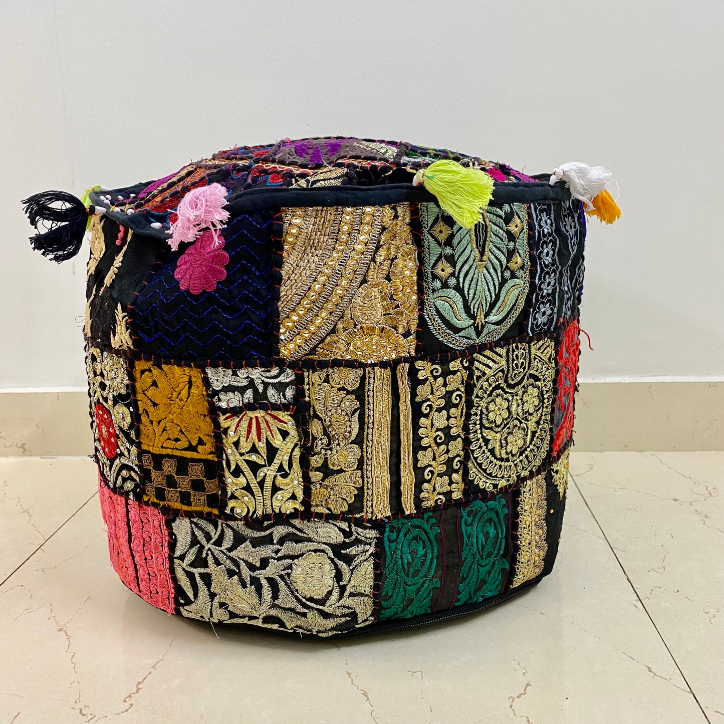 Embroidered Indian Ottoman pouf cover, Indian handmade Vintage Random Color Decorative Ottoman Pouf Cover - Homely Arts