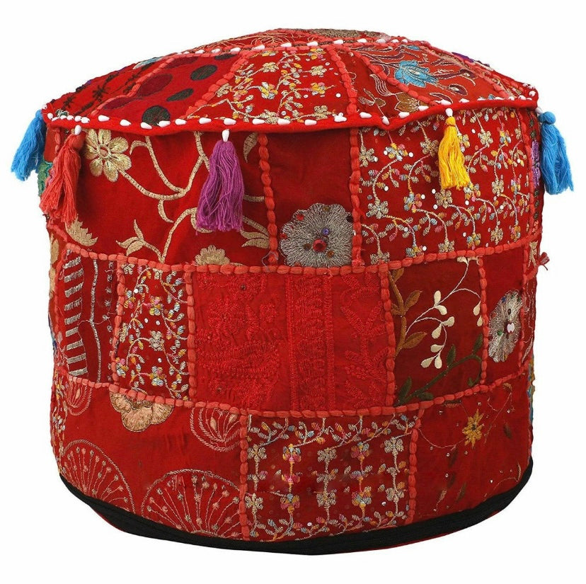 Embroidered Indian Ottoman pouf cover, Indian handmade Vintage Random Color Decorative Ottoman Pouf Cover - Homely Arts