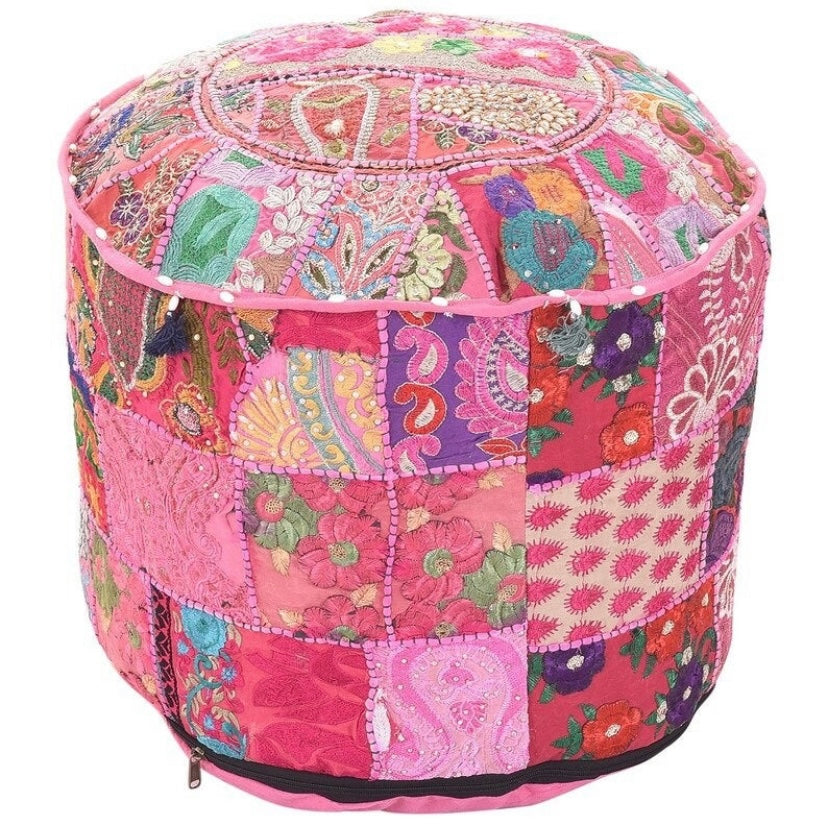 Embroidered Indian Ottoman pouf cover, Indian handmade Vintage Random Color Decorative Ottoman Pouf Cover - Homely Arts
