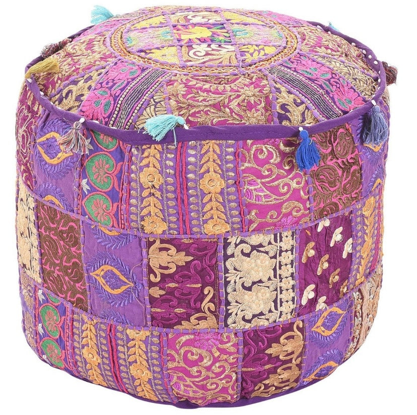 Embroidered Indian Ottoman pouf cover, Indian handmade Vintage Random Color Decorative Ottoman Pouf Cover - Homely Arts