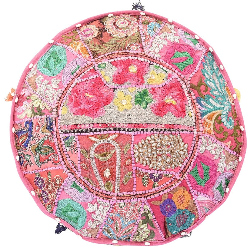 Embroidered Indian Ottoman pouf cover, Indian handmade Vintage Random Color Decorative Ottoman Pouf Cover - Homely Arts