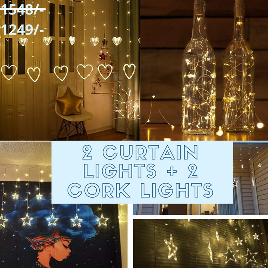 Awesome Combo of Curtain Star Light, Heart Light and 2 Pcs Cork Fairy Light - Homely Arts