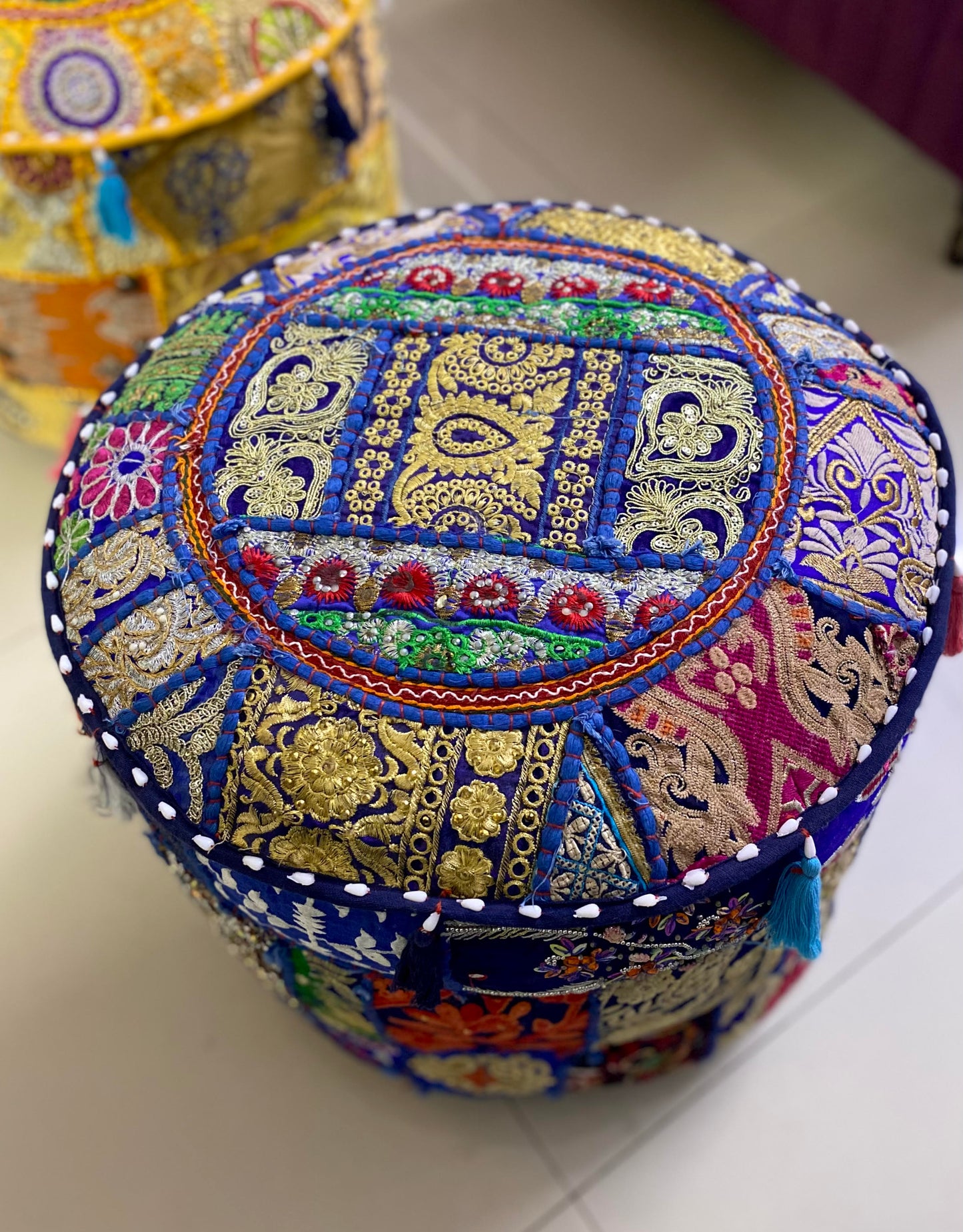 Embroidered Indian Ottoman pouf cover, Indian handmade Vintage Random Color Decorative Ottoman Pouf Cover - Homely Arts