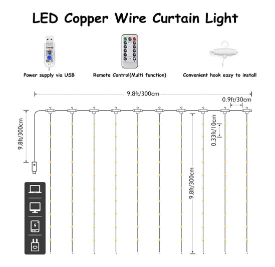 Window Curtain String Light 300 LED 8 Lighting Modes Fairy Lights Remote Control USB Powered Waterproof lights for home decoration light Diwali Valentines Bedroom Party Wedding Diwali (Warm White)
