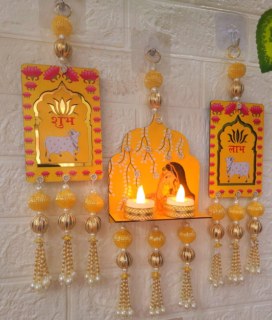 Shubh Labh Wall Hanging Tea Light Candle Holder – Traditional Festival Décor