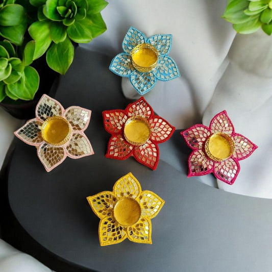 Mirror Mosaic Lotus Tealight Holders – Assorted Colors (Set of 5)
