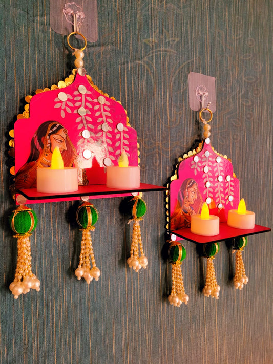 Mirror Jhrokha Wall Hanging On MDF Base| Pack Of 2 | Approx Size 10 Inch | Without Led Lights
