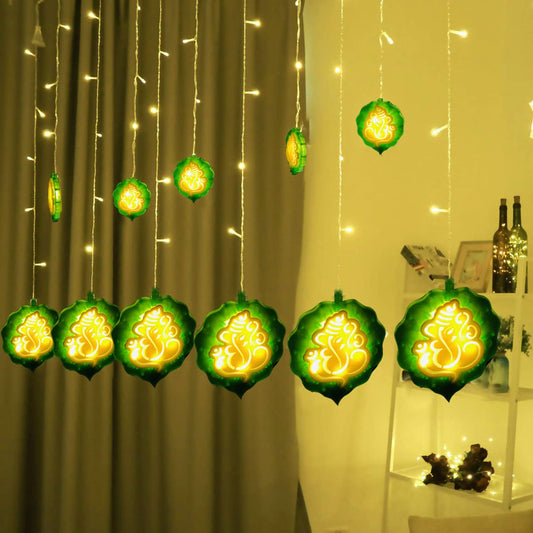 Pan Leaf Ganesh Curtain LED String Fairy Light, Window Curtain Light with 12 Ganesh Ji & 8 Flashing Mode Decoration for Diwali Festival and Pooja Mandir, Home(138 LED’s, Made in India)