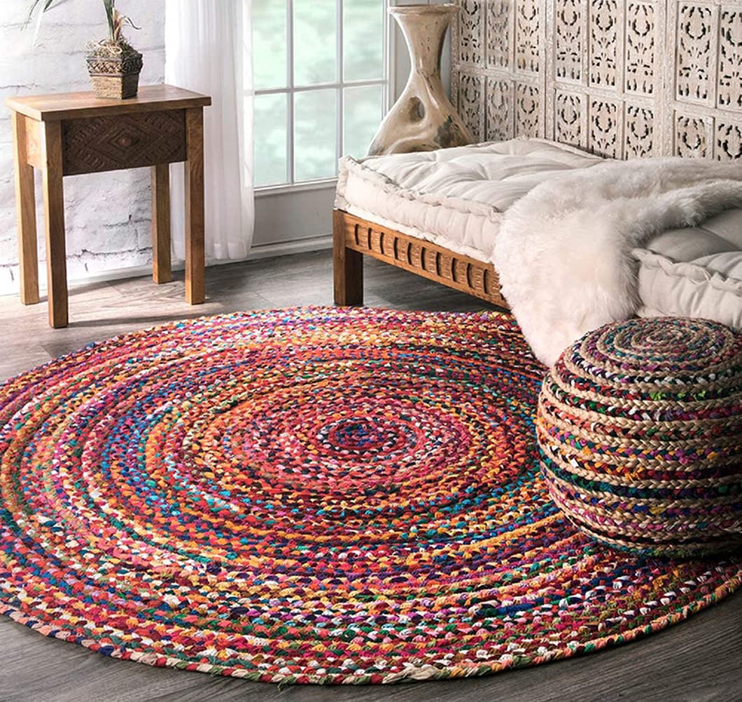 Roll over image to zoom in        Habere India-All the Cultures Fabricating India Hand Woven Handmade Jute Round Braided Centre Table Carpet (Multicolor, 4 x 4 ft) - Homely Arts