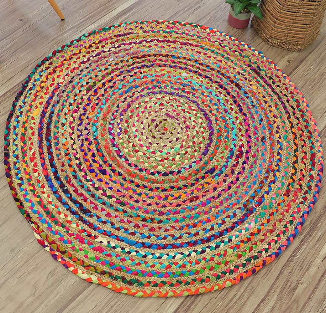 Roll over image to zoom in        Habere India-All the Cultures Fabricating India Hand Woven Handmade Jute Round Braided Centre Table Carpet (Multicolor, 4 x 4 ft) - Homely Arts