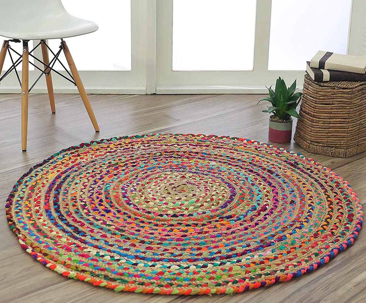 Roll over image to zoom in        Habere India-All the Cultures Fabricating India Hand Woven Handmade Jute Round Braided Centre Table Carpet (Multicolor, 4 x 4 ft) - Homely Arts