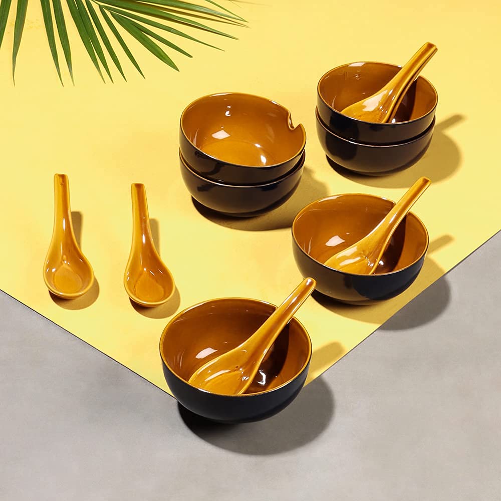 Ceramic Soup Bowl Set with Spoons, 300ml Bowl, 6 Pieces Soup Bowls, 6 Spoons, Cobalt Blue | Glossy Finish |Premium Stoneware Ceramic Soup Bowls with Spoons - Homely Arts