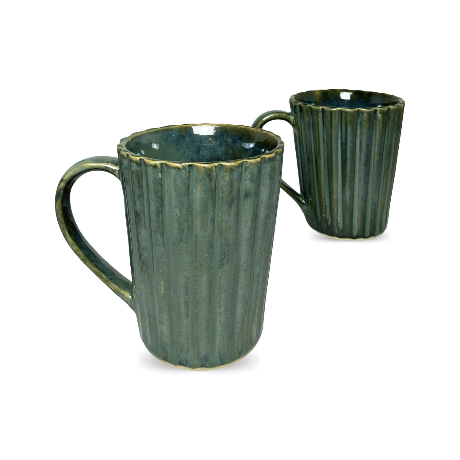 Emerald Green Glazed Linear Coffee Mugs Set of 2 - Homely Arts