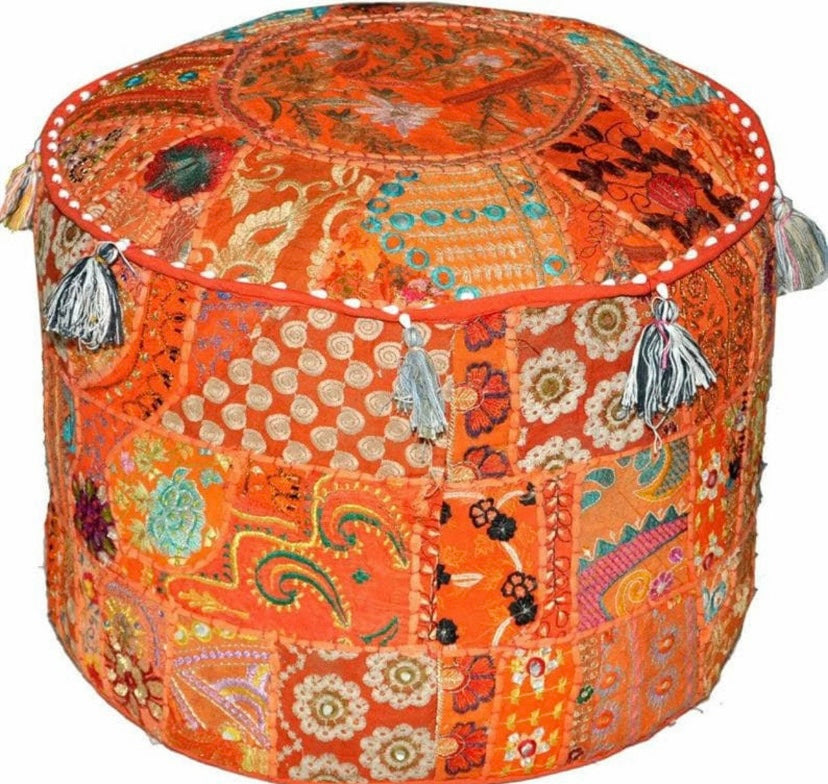 Embroidered Indian Ottoman pouf cover, Indian handmade Vintage Random Color Decorative Ottoman Pouf Cover - Homely Arts
