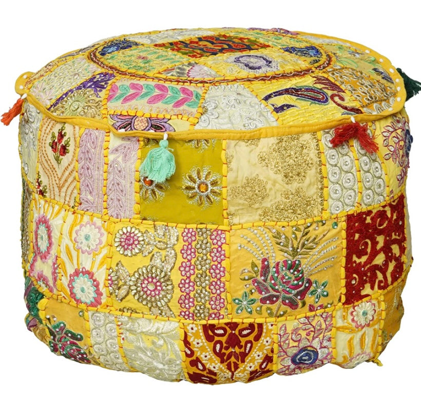 Embroidered Indian Ottoman pouf cover, Indian handmade Vintage Random Color Decorative Ottoman Pouf Cover - Homely Arts