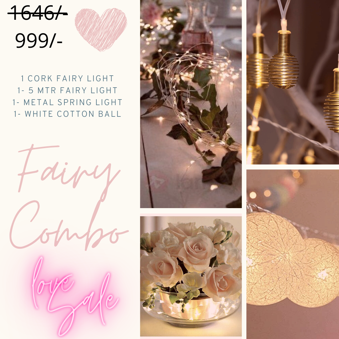 Fairy Combo Light- 1- Fairy Cork Light, 2- 5 Mtr. Fairy Light, 3- White Cotton Balls Light, 4- Metal Spring Light - Homely Arts