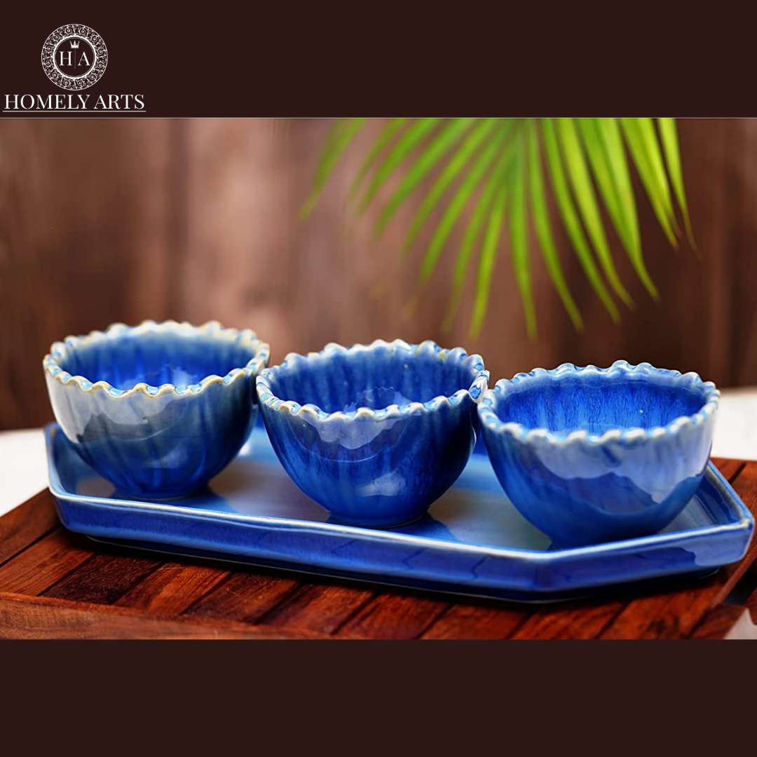 Beautiful Hand-Painted Ceramic Serving Tray with Bowls - Homely Arts