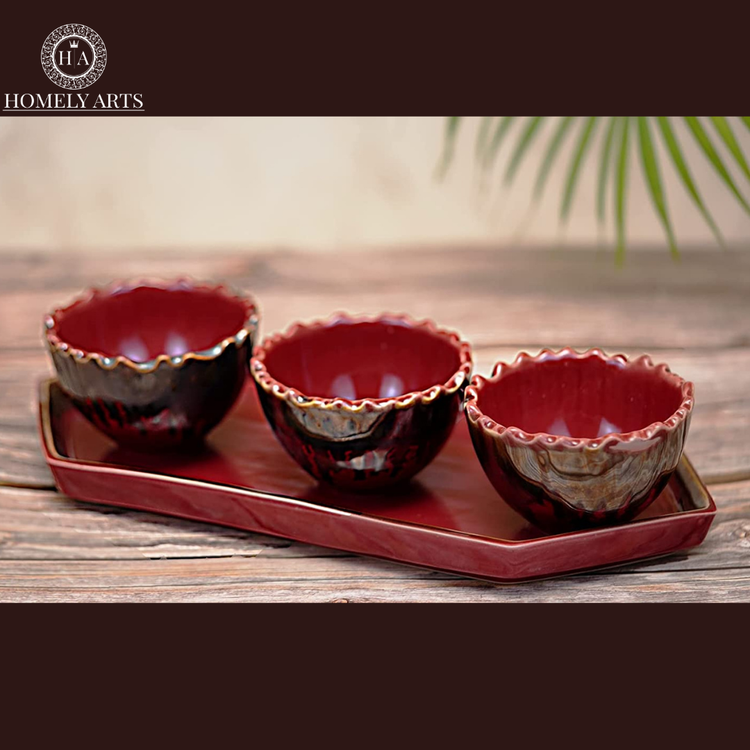 Beautiful Hand-Painted Ceramic Serving Tray with Bowls - Homely Arts