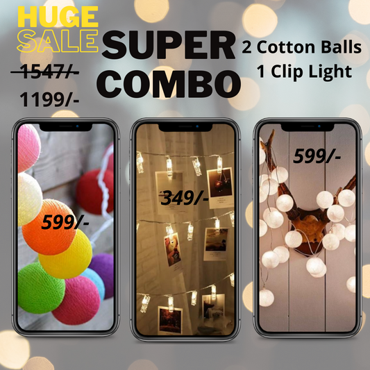 COMBO of 3- Multicolor Cotton Balls+ White Cotton Balls+ LED Clip Fairy Light - Homely Arts