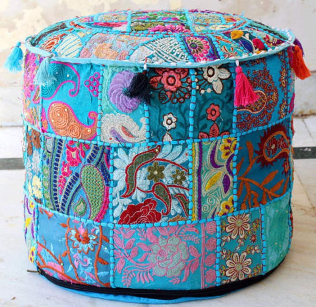 Embroidered Indian Ottoman pouf cover, Indian handmade Vintage Random Color Decorative Ottoman Pouf Cover - Homely Arts