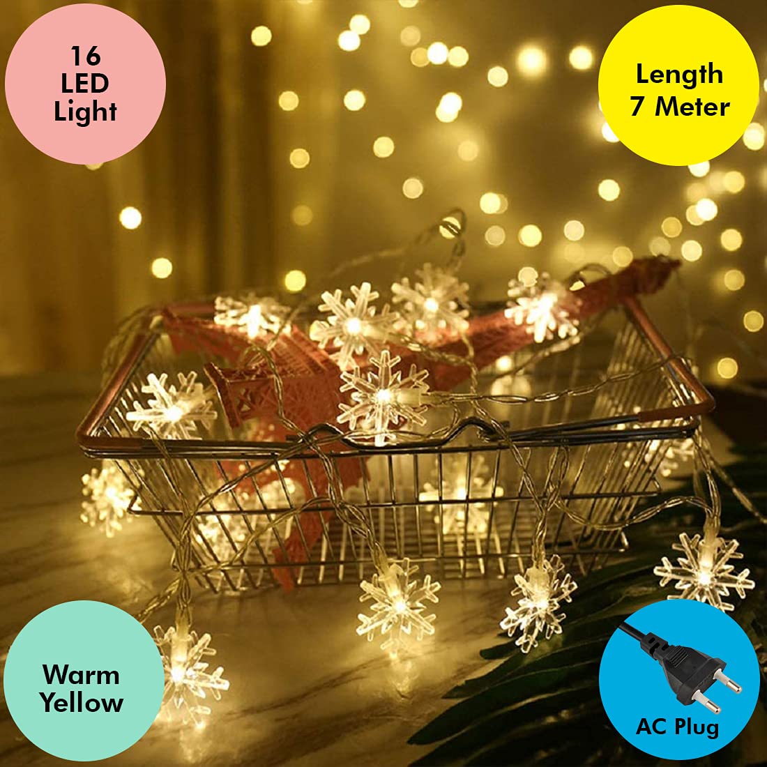 Christmas Lights 16 LEDs Snowflake Fairy String Light (Warm White, AC Plug ) for Indoor & Outdoor Usage | Xmas | New Years | Party | Decoration - Homely Arts