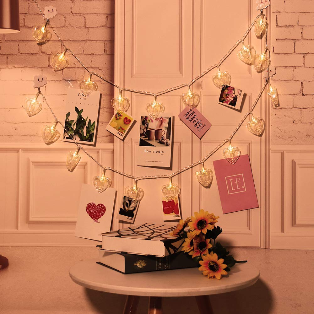 Heart Clip LED Warm-White Fairy Twinkle Lights Hanging Photos - Homely Arts